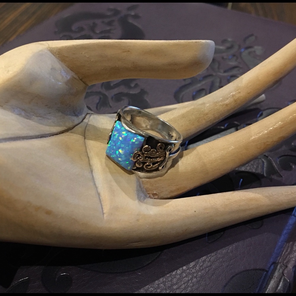 Sterling Silver Ring with Lab Opal and 14k Accents